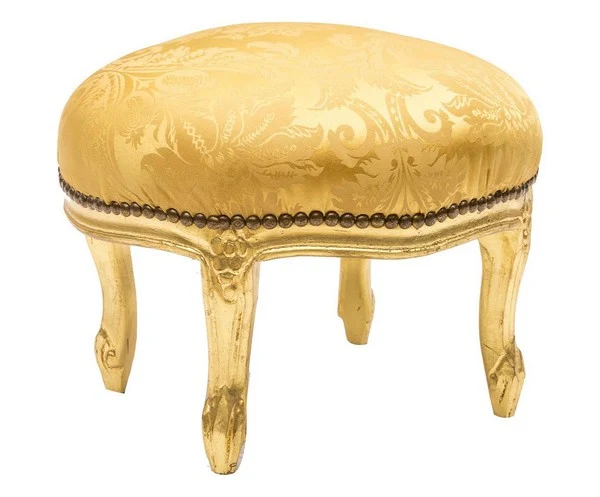 Pouf barocco rotondo in legno e tessuto a fiori color oro cm 36x36x30h