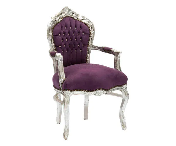 Poltrona barocco da salotto in legno e tessuto colore viola e argento cm 63x65x108h