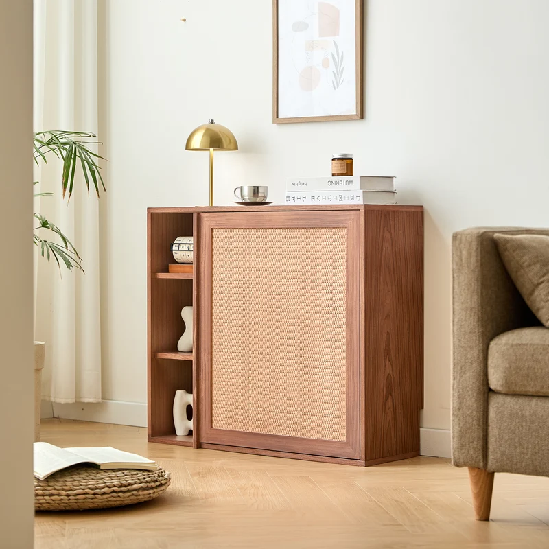 LAPENA - Meuble de rangement avec bureau tablette en bois de noyer et rotin