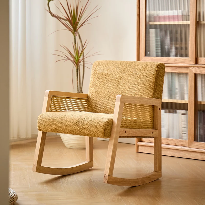 BORGO - Rocking chair en bois massif, rotin et tissu jaune