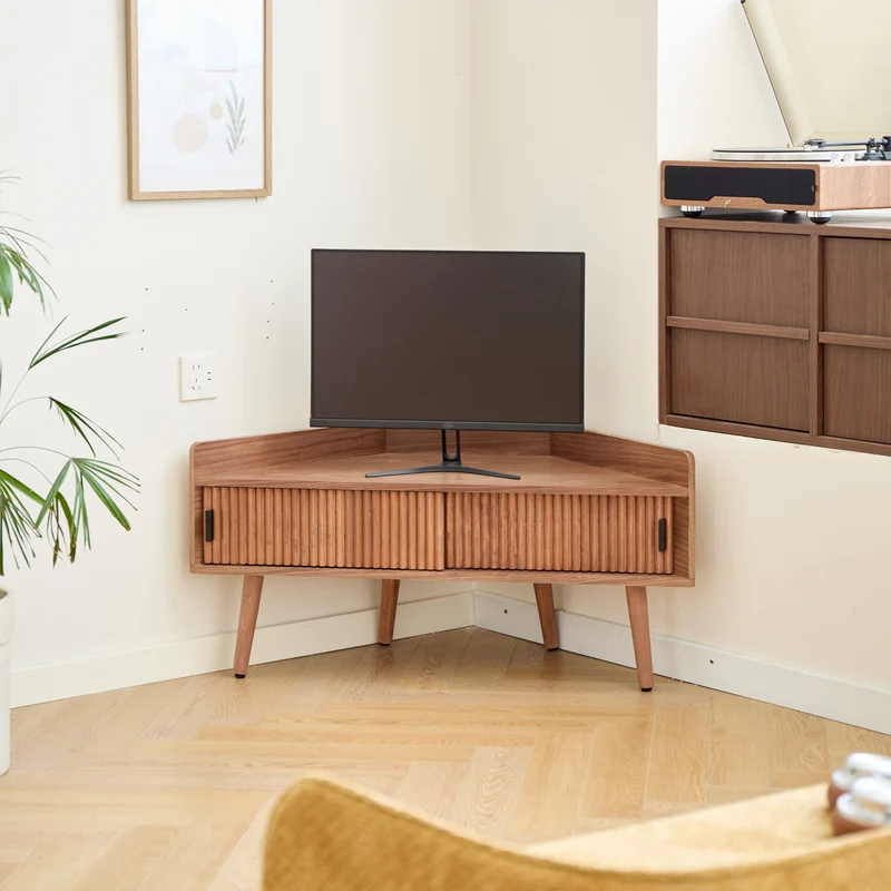 TORUN - Meuble TV d'angle 2 portes en bois foncé noyer