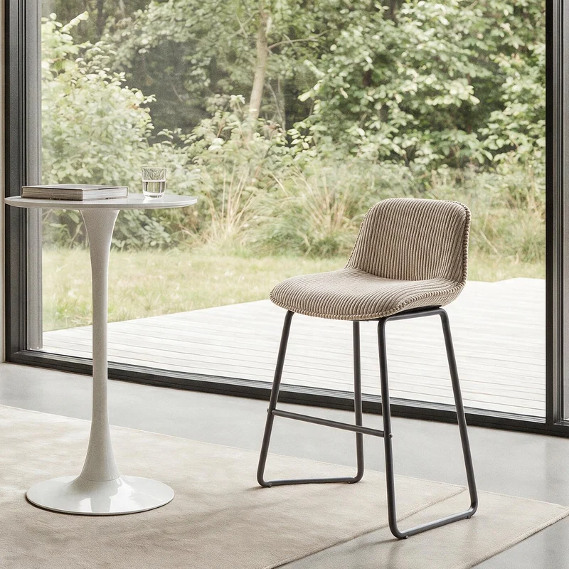 CORIA - Lot de 2 tabourets de bar en métal et velours côtelé gris