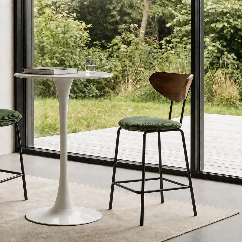 NIBE - Lot de 2 tabourets de bar en métal, frêne et tissu vert