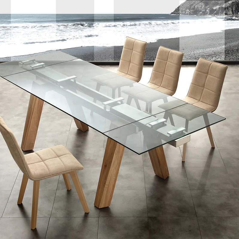 York - Tavolo moderno allungabile con piano in vetro e gambe naturale cm 160/240x90x76h
