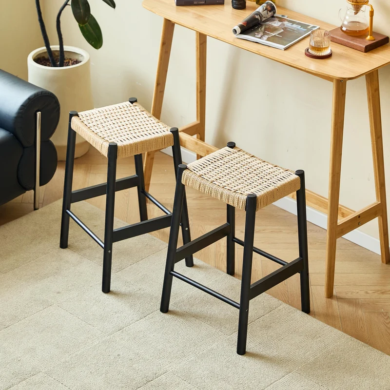 SALTA - Lot de 2 tabourets de bar en bois massif noir et corde