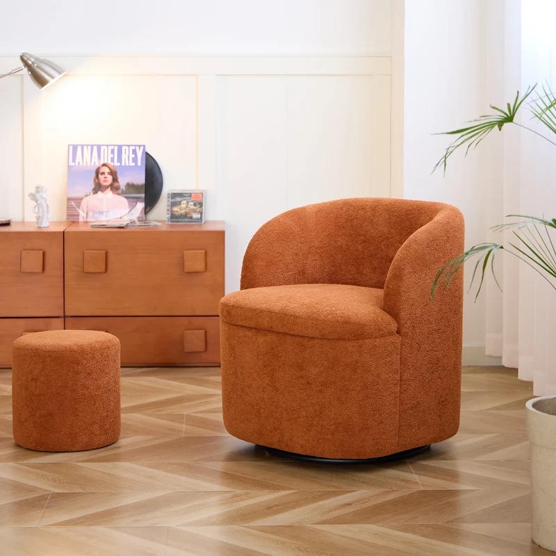 HALMSTAD - Fauteuil de salon pivotant et pouf en tissu terracotta