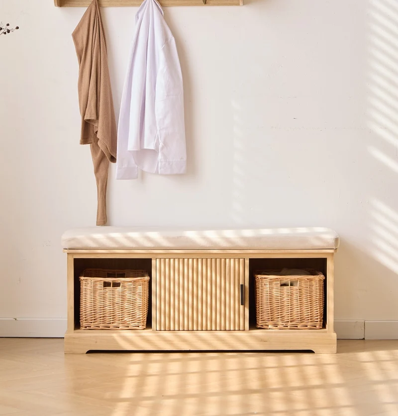 CHIBA - Banc avec rangements en bois et velours beige