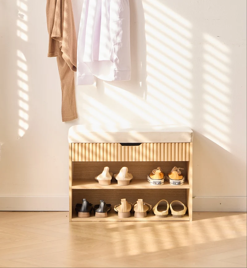 KUBO - Meuble à chaussures avec coffre en bois et velours beige