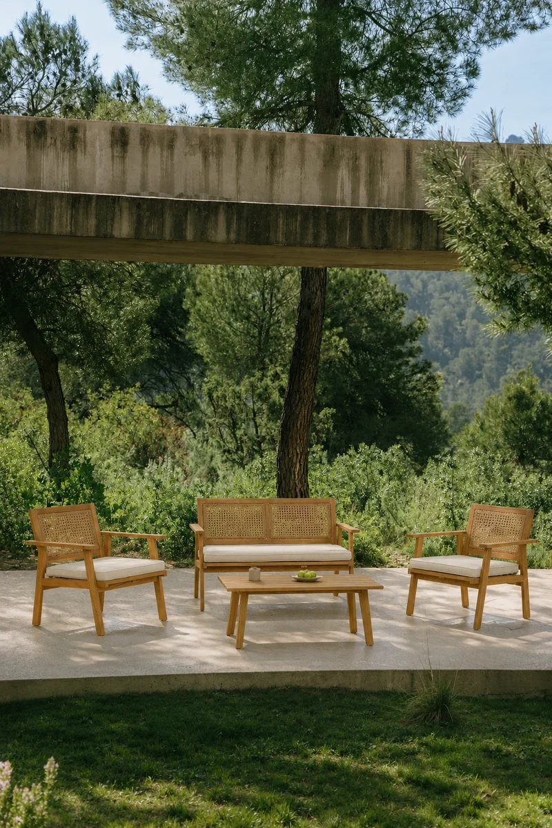 TEMUCO - Salon de jardin en rotin et bois massif beige