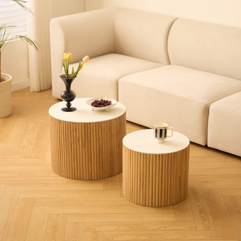 YATOMI - Set de 2 tables basses rondes en bois massif finition marbre avec rangement