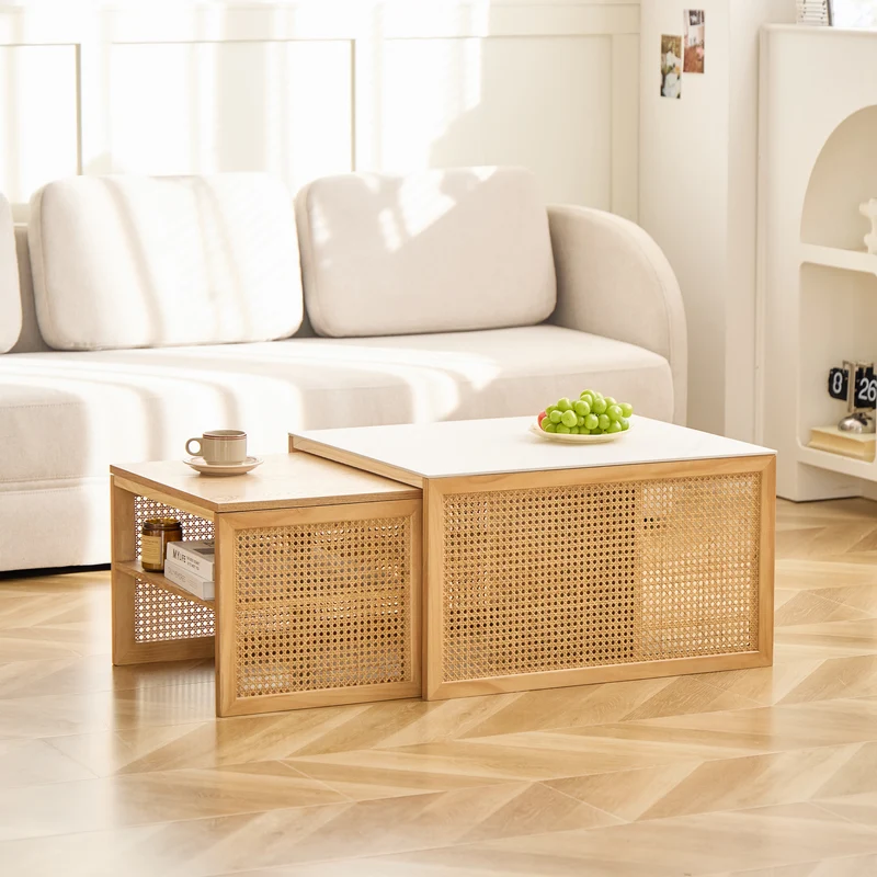 TROMSO - Set de 2 tables basses gigognes en rotin et plateau effet marbre