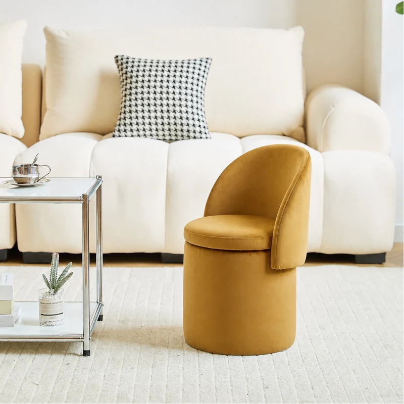 UMEA - Pouf avec dossier et rangement en velours jaune moutarde