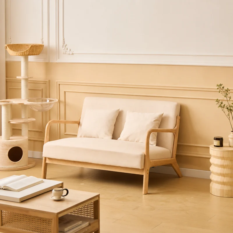 OHAMA - Banquette scandinave 2 places en bois et tissu beige