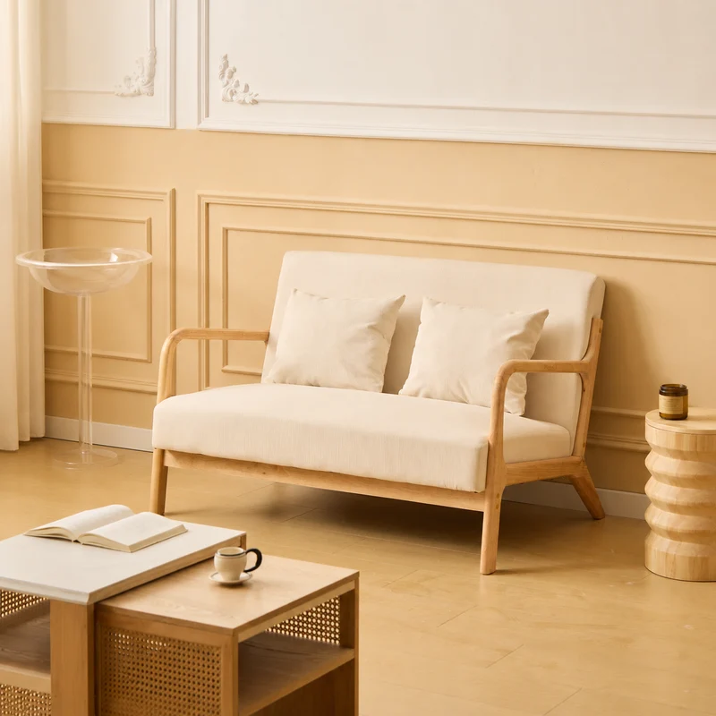 OHAMA - Banquette scandinave 2 places en bois et velours côtelé beige