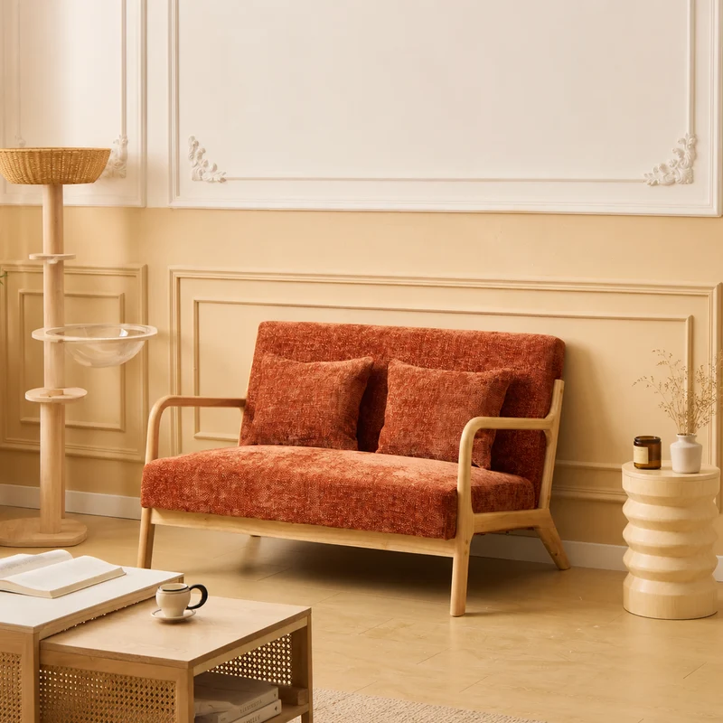 OHAMA - Banquette scandinave 2 places en bois et tissu terracotta
