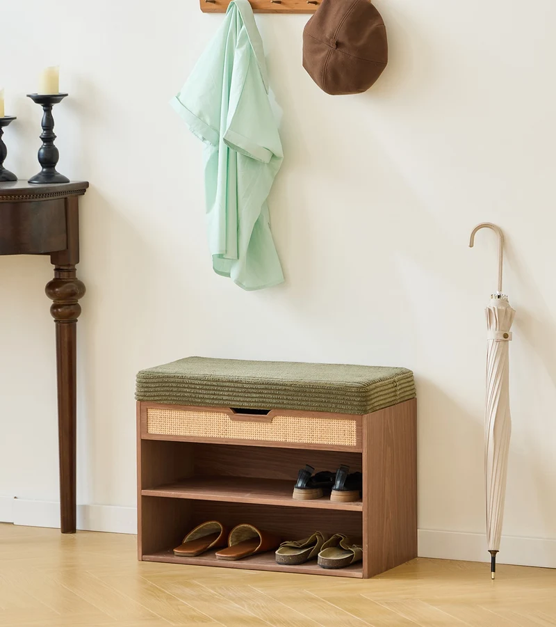 KUBO - Meuble à chaussures avec coffre en bois et velours côtelé vert khaki
