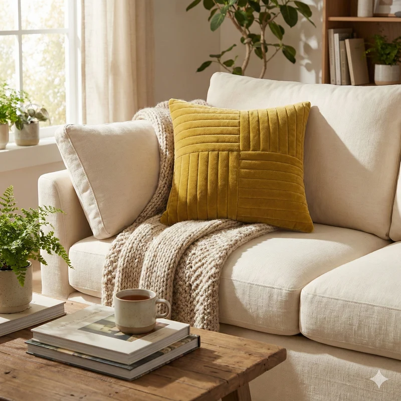 ANDORJA - Coussin en coton velours jaune moutarde OEKO-TEX® 45 x 45