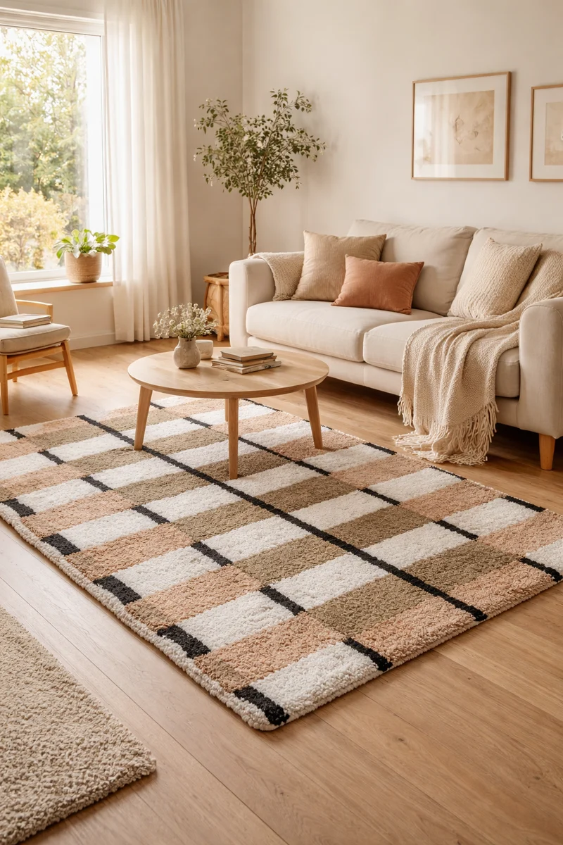 VAXJO - Tapis rectangulaire en coton avec motifs marrons et écrus 120 x 180 cm