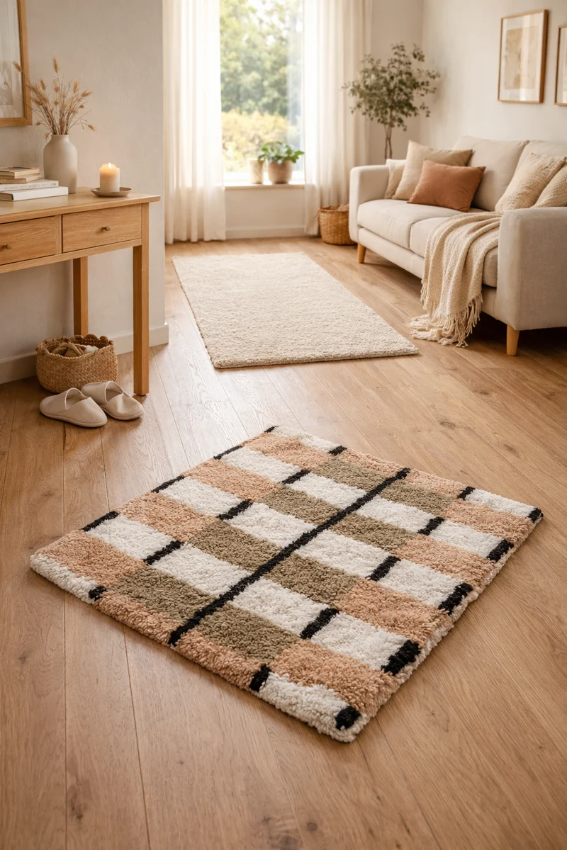 VAXJO - Tapis rectangulaire en coton avec motifs marrons et écrus 90 x 60 cm