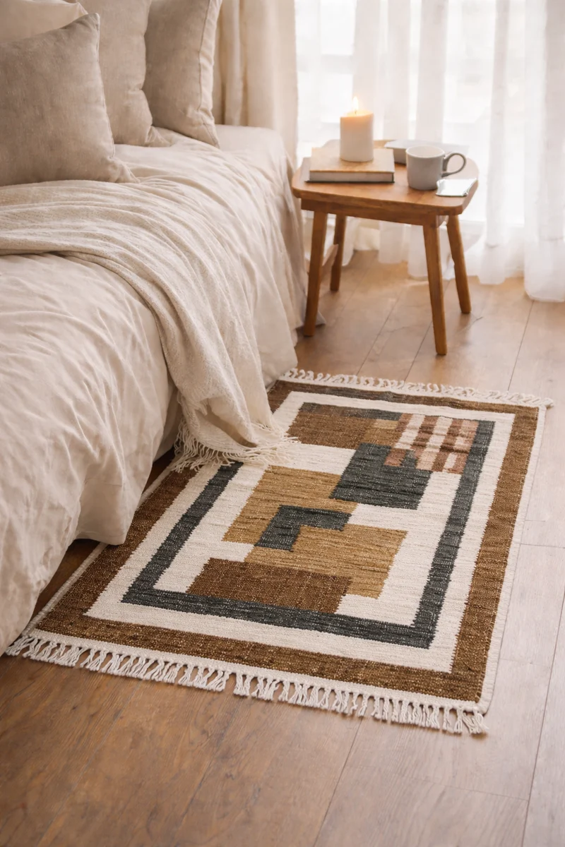 KOLARI - Tapis rectangulaire en coton avec motifs marrons et écrus 90 x 60 cm