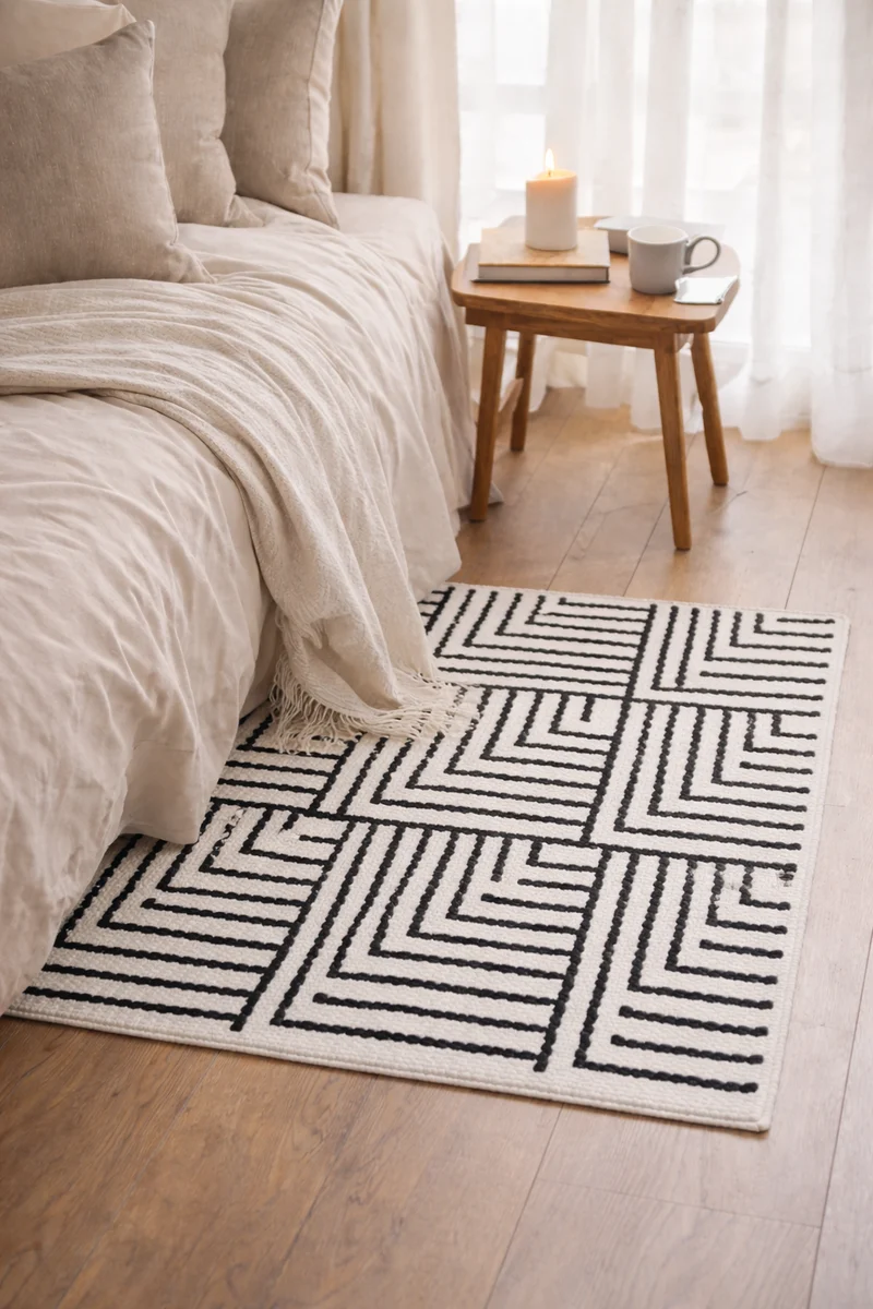 KEVO - Tapis rectangulaire en coton avec motifs beiges et noirs 90 x 60 cm