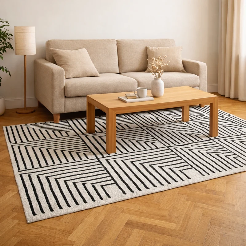 KEVO - Tapis rectangulaire en coton avec motifs beiges et noirs 120 x 180 cm