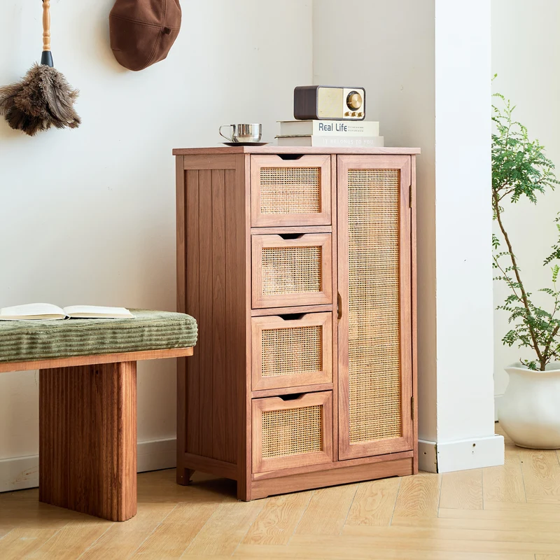 KIEL - Buffet meuble de rangement en bois de noyer et rotin