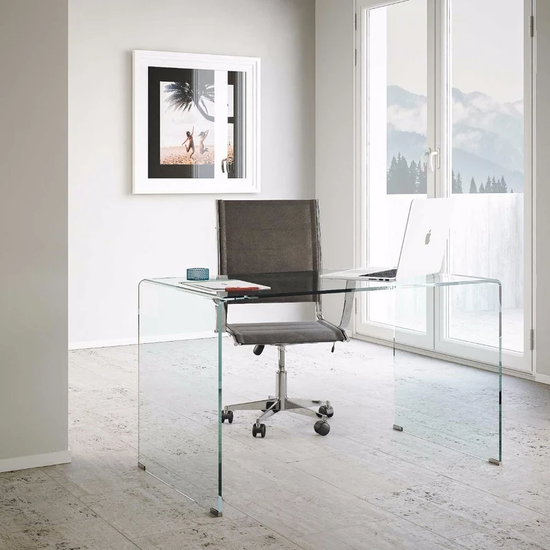 Scrivania design in vetro trasparente curvato da ufficio cm 120x70x74h
