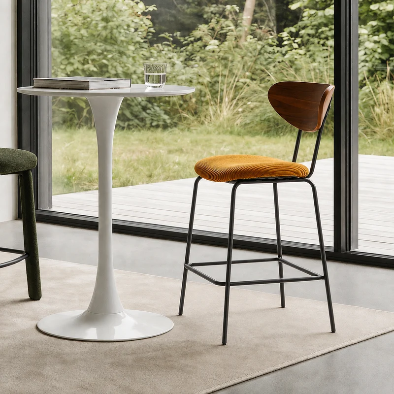 NIBE - Lot de 2 tabourets de bar en métal, frêne et tissu jaune