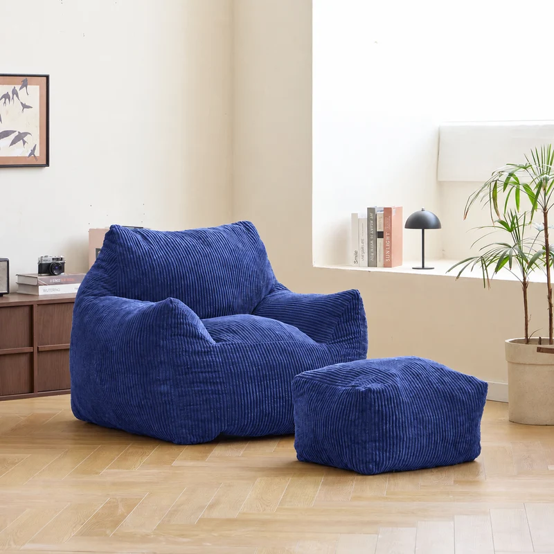 SABY - Pouf et repose pieds en velours côtelé bleu