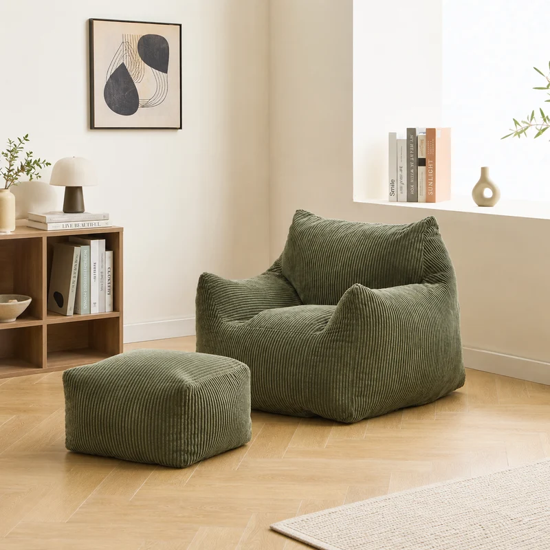 SABY - Pouf et repose pieds en velours côtelé vert