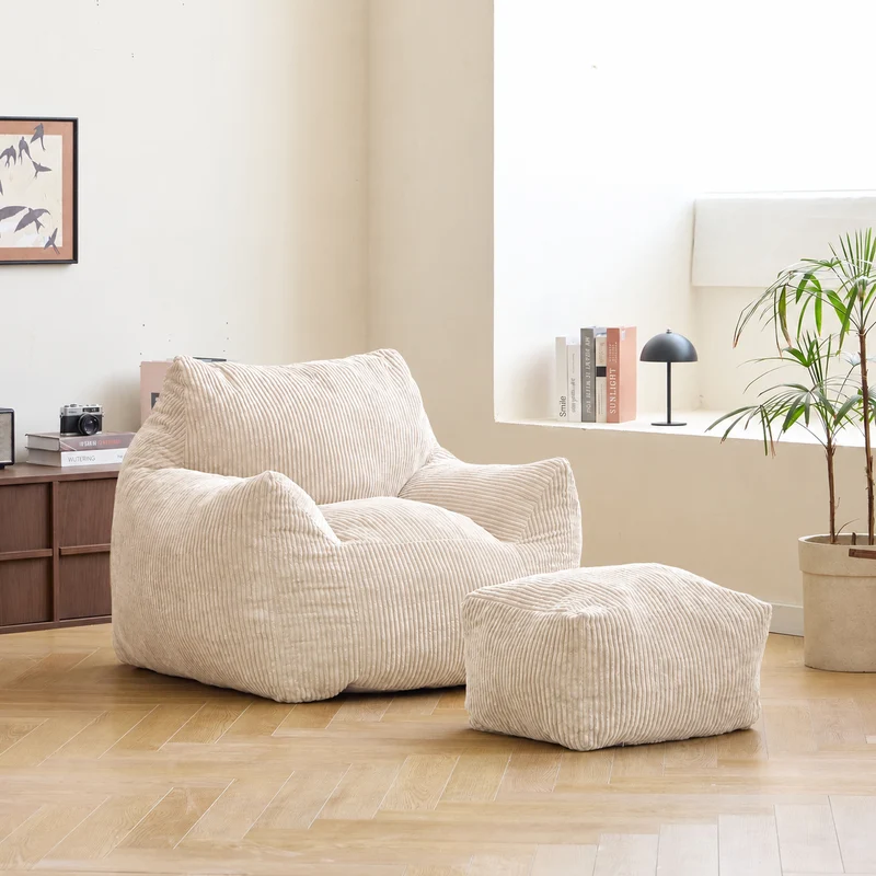 SABY - Pouf et repose pieds en velours côtelé beige