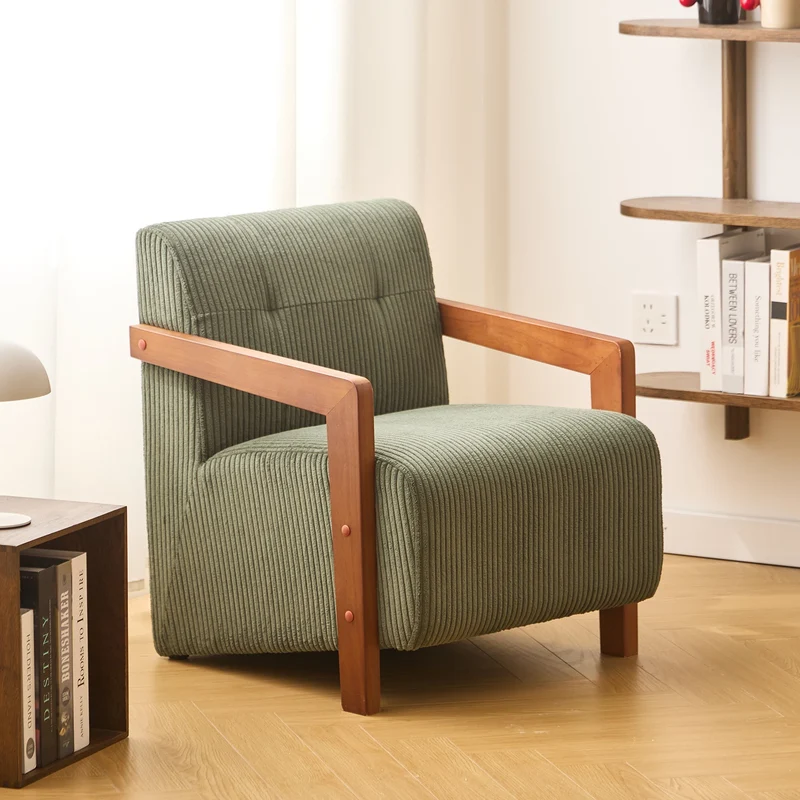 LERWICK - Fauteuil de salon en bois massif et velours côtelé vert