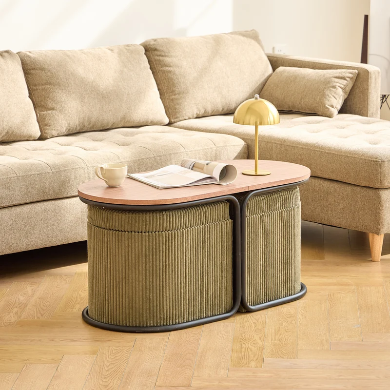 SENJA - Set d'une table basse en bois et 2 poufs en velours côtelé vert
