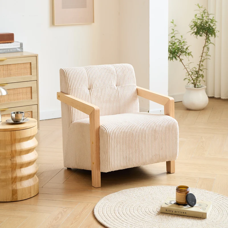 LERWICK - Fauteuil de salon en bois massif et velours côtelé beige