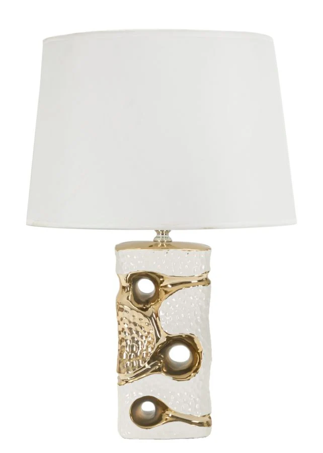Lampada da Tavolo Florida Ø30x43,5 cm in Ceramica e Ferro e Tessuto Bianco e Oro