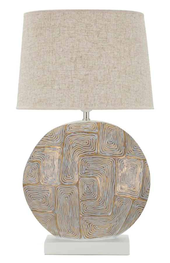 Lampada da Tavolo Resina Eclips Ø38x68 cm in Resina e Ferro e Tessuto Oro e Bianco