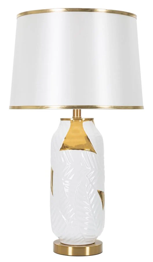 Lampada da Tavolo Ceramic Ø40x70 cm in Ceramica e Ferro e Tessuto Oro e Bianco