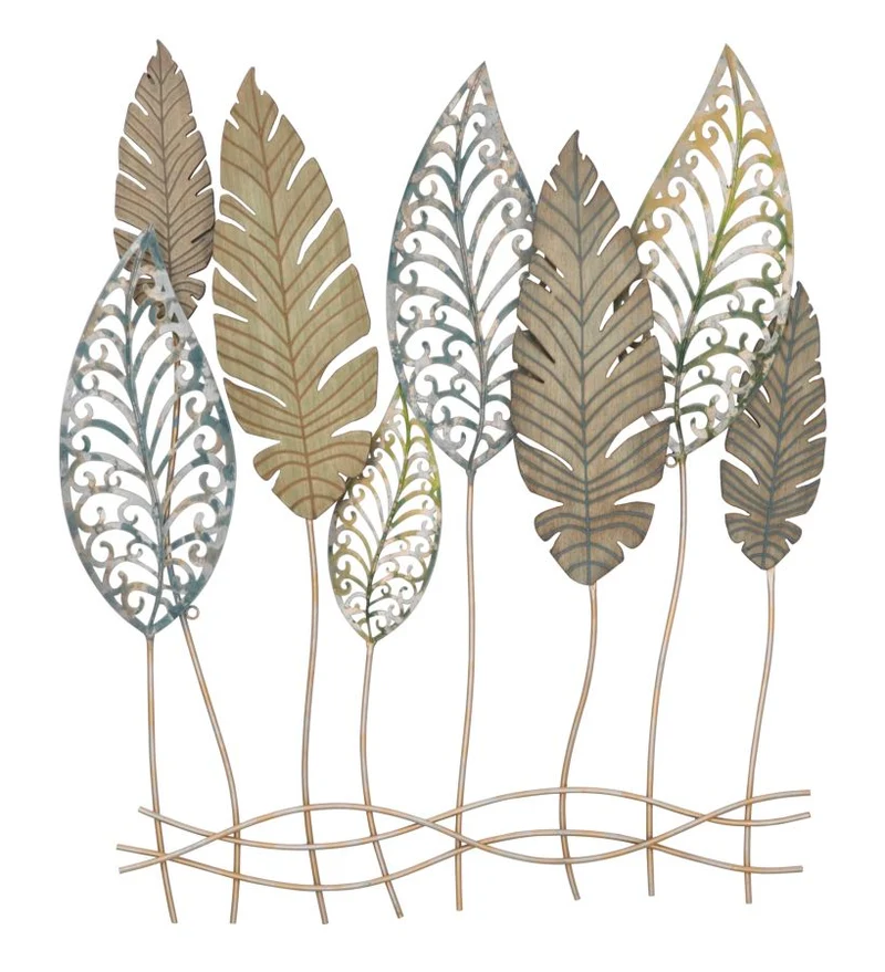 Leaf - Pannello decorativo da parete in legno e ferro con foglie cm 75x2,5x87h