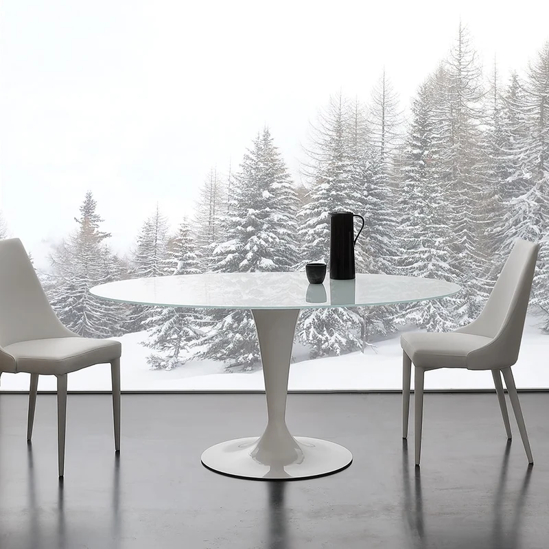 Bramante - Tavolo ovale moderno piano in vetro extrawhite e gamba centrale acciaio cm 110x160x75h