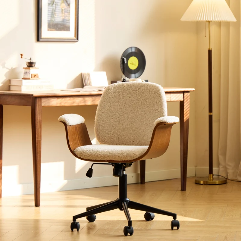 KOLDING - Chaise de bureau en bois et bouclettes blanches