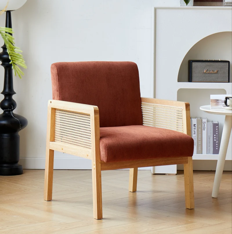 BORGO - Fauteuil de salon en bois massif et cannage terracotta