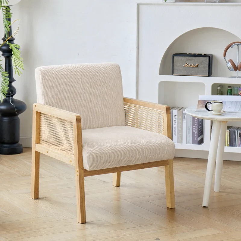 BORGO - Fauteuil de salon en bois massif et cannage beige
