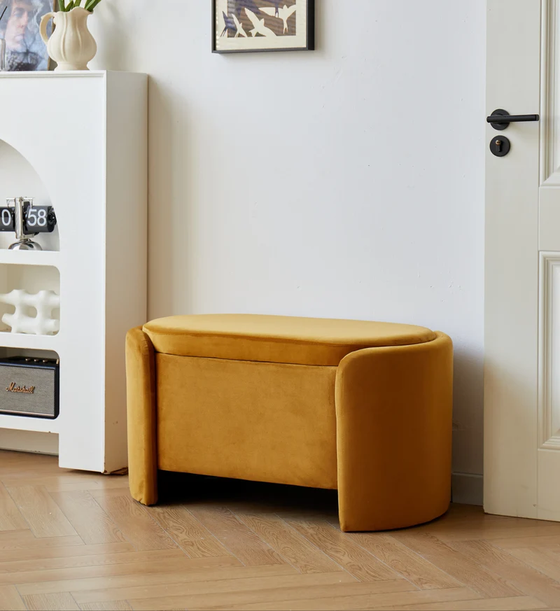 MOSS - Banc avec rangement en velours jaune moutarde