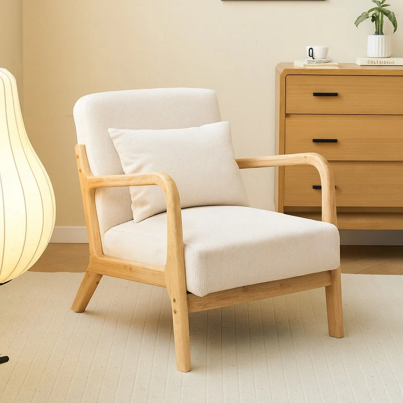 OHAMA - Fauteuil de salon en bois massif et velours côtelé beige