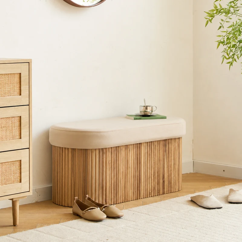 BAOTSU - Banc avec rangement en bois et velours beige