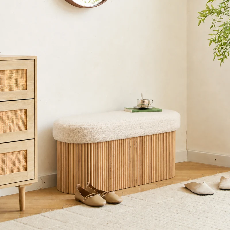 BAOTSU - Banc coffre avec rangement en bois et bouclettes blanches