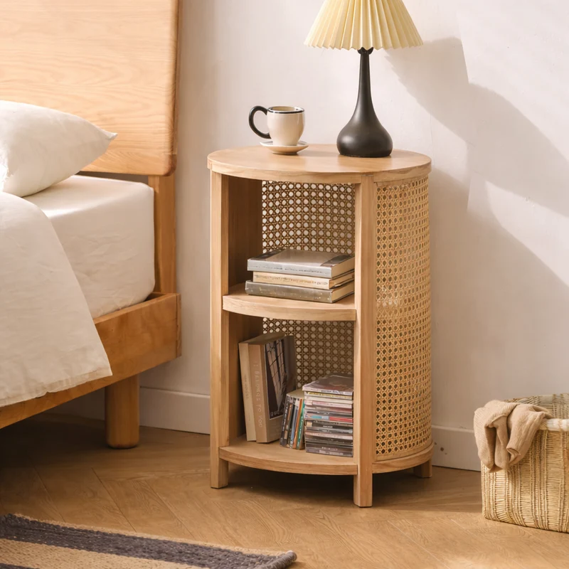 ALTA - Table de chevet avec 2 rangements en bois et rotin naturel