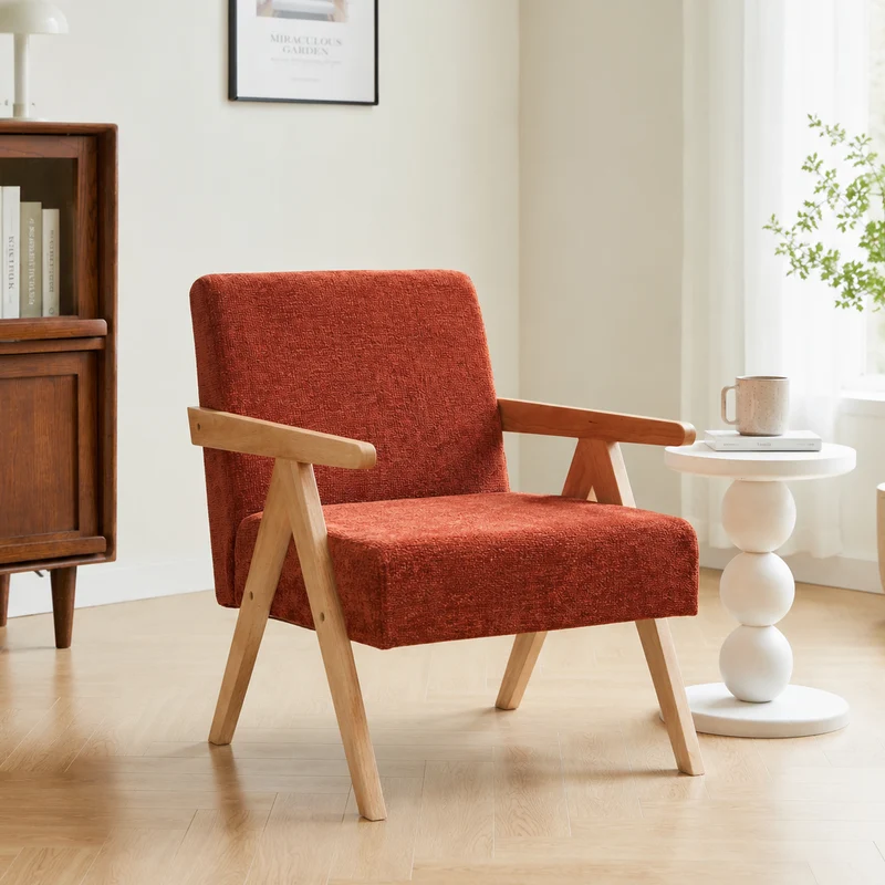 SANTAREM - Fauteuil de salon en bois massif et tissu terracotta