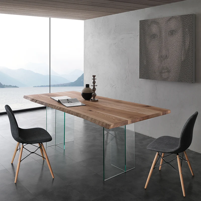 Bio Glass - Tavolo design fisso gambe in vetro piano in legno massello bordo corteccia - varie misure
